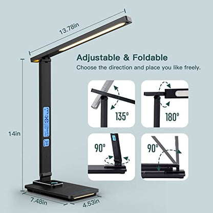 LAOPAO LED Desk Lamp with Wireless Charger: Desk Lamps for Home Office Bedroom, 5 Color Modes & Brightness Dimmable, 2 Night Light - color: Black2