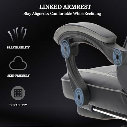 Ergonomic Gaming Chair with Footrest and Lumbar Support, High Back Reclining PU Leather Computer Chair with Headrest and Linkage Armrests, Swivel Height Adjustable Office Gamer Chair for Adults (Gray)