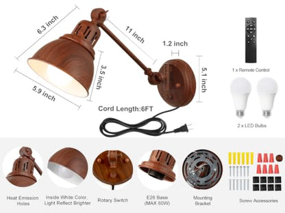 GOODATE 2 Pack Plug in Wall Sconces with Remote Control, Dimming, Adjustable Colors 2700K-6500K, Swing Arm Wall Lamps with Night Light & Timer, Plug-in or Hardwired, LED Bulbs Included, Walnut Finish - size: Walnut-2 PACK(Bulbs+Remote)