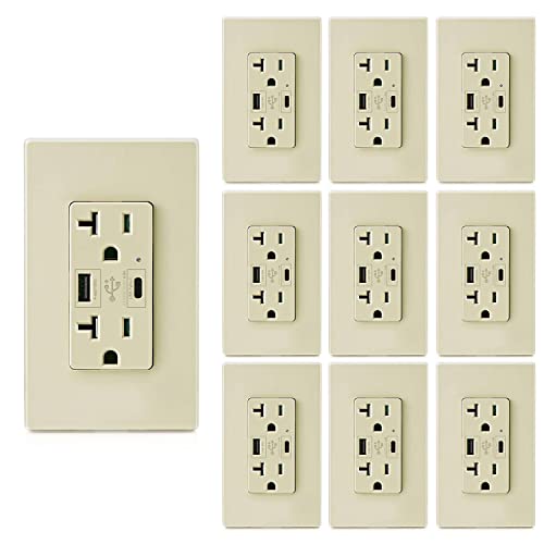 Micmi USB C Outlet PD 24W Power Delivery Type C + A Receptacle 4.8A, Light Almond Receptacle 20 A 125 Volt Tamper-Resistant w/Screwless Wall Plate UL Listed (10Pack, Ivory, 20 Amp Outlet) - color: Ivory, size: 20 Amp Outlet