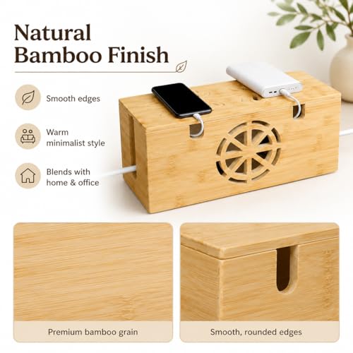 Bamboo Extra Large Cable Management Box, 15.7 x 6.7 x 6.7in | Cable Management Box - Large Bamboo Cord Organizer for Desk and Home Office - Power Strip Hider with Ventilation