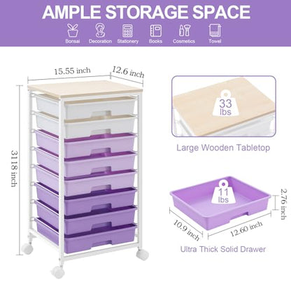 SYKIARIOL Rolling Cart with Drawers,8 Drawers Storage Cart,Purple - color: Purple