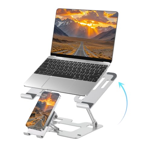 Ergonomic 2-in-1 Laptop Phone Stand for Desk, Adjustable Riser, Sturdy and Portable, Fits All Laptops and Phone（White） - color: White