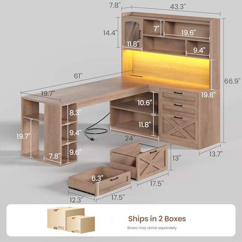 SEDETA 61" L Shaped Office Desk with Drawers and Storage, Light Brown - color: Brown, size: 61 inches