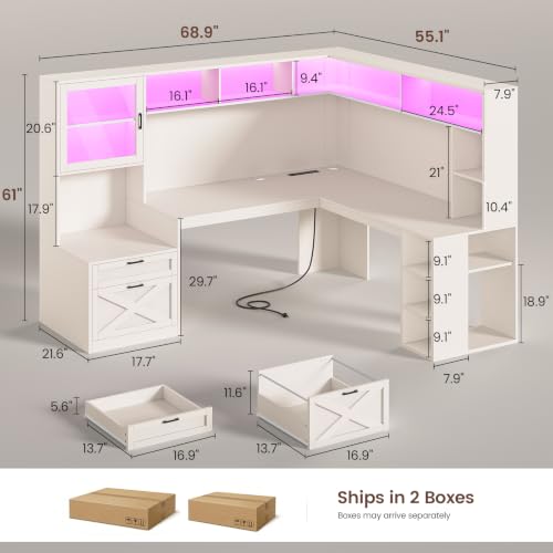 SEDETA 68" Farmhouse L Shaped Office Desk with Hutch, Drawers, Storage - color: White, size: 68 inches