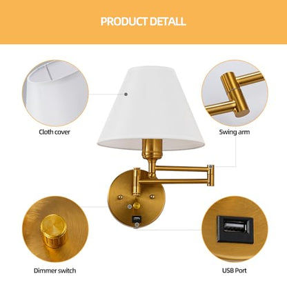 Swing Arm Wall Sconces, Plug-in Wall lamp,Bedroom Wall lamp ， White Fabric Shade，，with dimmable Switch and USB Charging Port, Suitable for Bedside, Living Room, Reading (Golden) - color: Golden