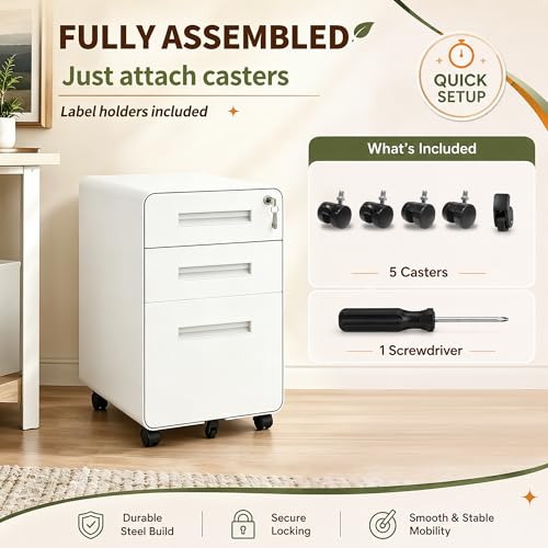 SAWJEC 3 Drawer File Cabinet with Lock, Rolling Under Desk Storage, White - color: 02l-white