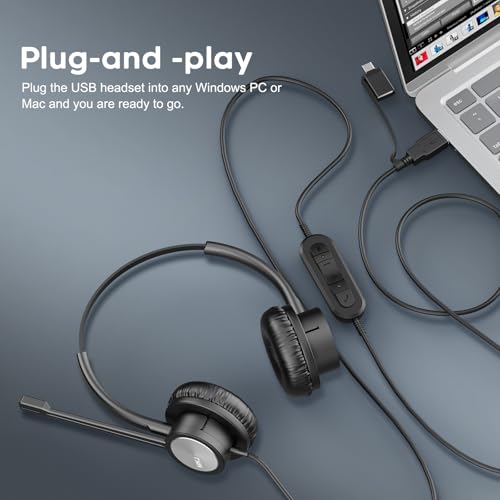 MKJ USB Headset with Noise Cancelling Microphone for Call Center & Office