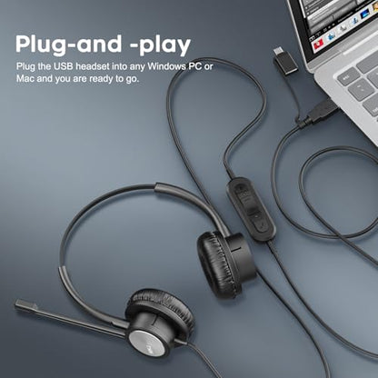 MKJ USB Headset with Noise Cancelling Microphone for Call Center & Office