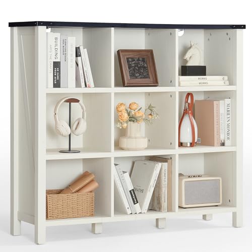 Joaxswe 9 Cube Bookcase, Farmhouse 47 Inch Wide White Bookshelf, Wooden 3 Tier Display Large Open Book Shelf, Vintage Horizontal Book Case for Home Office, Cubby Storage Cabinet for Living Room - color: Warm White & Black, size: 9 Cube (13.6 "D x 47.24 "W
