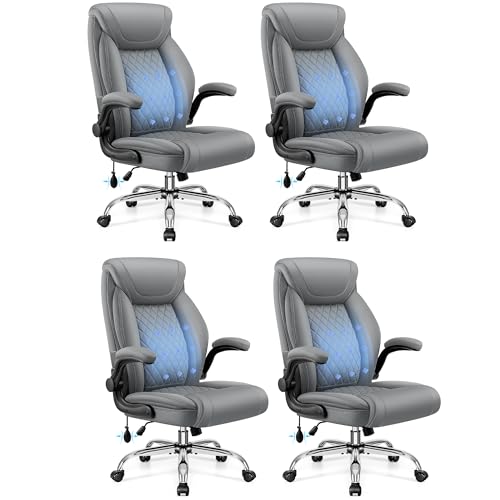 BestGlory Executive Office Chair with Lumbar Support, Big and Tall Ergonomic Computer Desk Chair, Leather Comfy High Back Gaming Chair with Flip Up Arms & Rocking Function for Home Office, Gray - color: Grey, size: 4 Pack