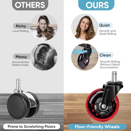 TICONN Office Chair Caster Wheels Set of 5 for Tile, Hardwood Floors and Carpets, Universal Fit for Most Chairs (Red) - style: Red