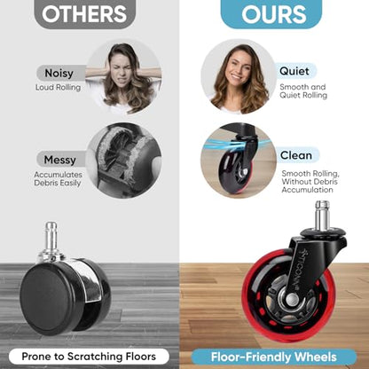 TICONN Office Chair Caster Wheels Set of 5 for Tile, Hardwood Floors and Carpets, Universal Fit for Most Chairs (Red) - style: Red