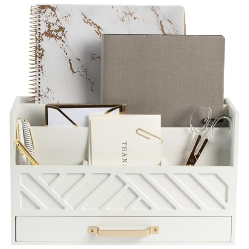 BLU MONACO | White Wooden Desk Organizer & Mail Organizer with Drawer & Gold Handle | Mail Sorter Countertop | 6 Compartments | White Desktop Organizer for Desk - color: White with Gold Handle