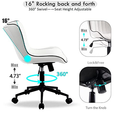 YOUNIKE Office Desk Chair with Wheels Armless Vanity Chair Modern White | Faux Leather Upholstered with Rocking Back, Swivel Height Adjustable Small Cute Computer Rolling Task Chair Ergonomic 300lb - color: White, size: Base Black