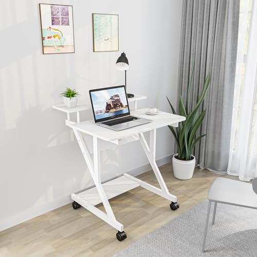 Dripex Computer Desk for Small Spaces, 27.5 inch Small Computer Desk, 3 Tier Compact Desk with Monitor Shelf and Bottom Storage Shelves, Space Saving Desk, White - color: White