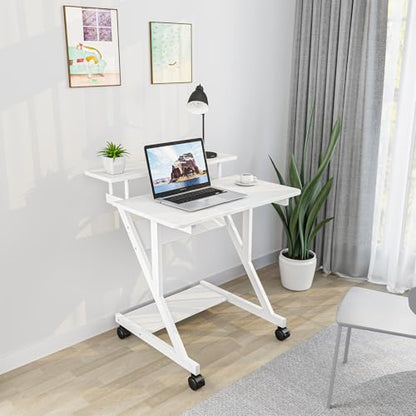 Dripex Computer Desk for Small Spaces, 27.5 inch Small Computer Desk, 3 Tier Compact Desk with Monitor Shelf and Bottom Storage Shelves, Space Saving Desk, White - color: White