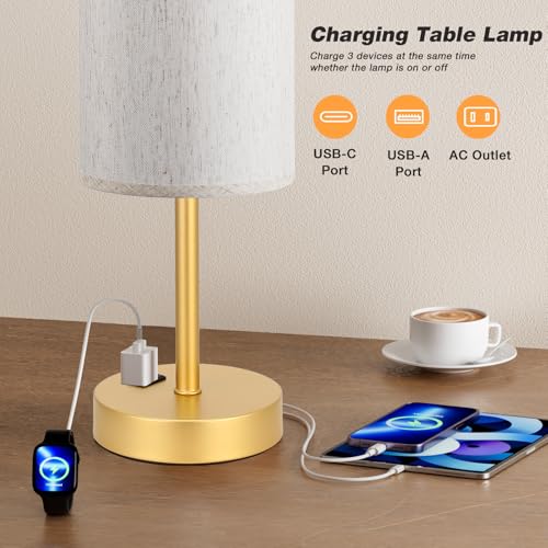 Fenmzee Touch Table Lamp - Cream, 3-Way Dimmable, USB A + C Charging, AC Outlet, 17.4inch Medium, Gold Metal Base - color: Cream - Gold, size: 17.4" Touch Control