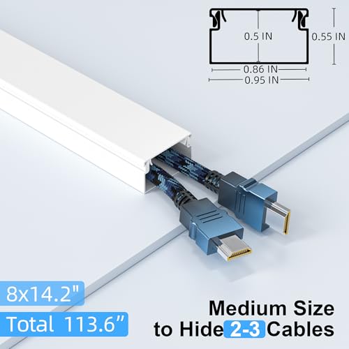 Delamu Cord Hider for Wall Mounted TV, 113.6in Paintable Cable Cover System, Self-Adhesive Cable Management Raceway Kit Hides 2-3 Wires, Baseboard Wire Hider Easy Installation, W 0.95 H 0.55in, White - size: 113.6 in L X 0.95 in W X 0.55 in H
