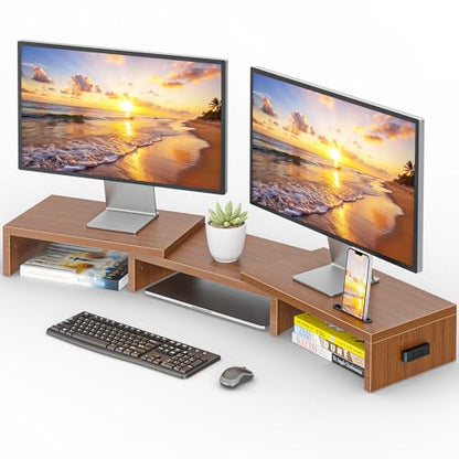 BONTEC Dual Monitor Stand Riser, Adjustable Length & Swivel Angle, Walnut - color: Walnut, size: 42.5 in