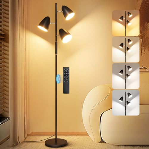 QiMH LED Floor Lamp for Living Room, Modern Dimmable Standing Lamp with 4 Color Temperature,Remote and Touch Control, Tree Floor Lamp for Bedroom with 3 Rotatable Lights Bright Stand up Lamp, Black - color: Black 2