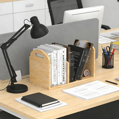 100% Solid Wood Adjustable Desktop Bookshelf, Retro Tabletop Book Shelf File Holder, Vertical Bookshelf Divider Desk Shelf for Home School Office Organization, Perfect for Books, Cookbooks, Magazine - color: Burlywood