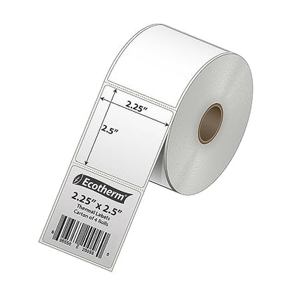 2.25" x 2.5" Thermal Labels | 4 Rolls | 2400 Labels | fits Zebra, Munbyn, Rollo, Godex, Arkscan, iDPRT, Offnova Thermal Label Printers and More | Blank White Adhesive Stickers by Ecotherm - size: 2.25 x 2.5 - 2400 Labels