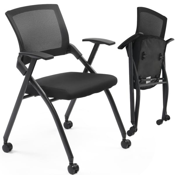 Stackable Office Chair with Wheels - Heavy Duty Folding Chair with Padded Seat & Flex Back, 350lb Capacity - Conference, Training Room, Guest, Reception - 1 Pack, Black