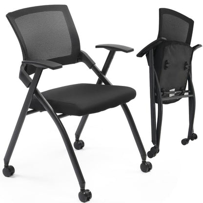 Stackable Office Chair with Wheels - Heavy Duty Folding Chair with Padded Seat & Flex Back, 350lb Capacity - Conference, Training Room, Guest, Reception - 1 Pack, Black