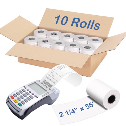 2 1/4 x 55 Thermal Paper Receipt Roll-Compatible with Clover Mini Flex Verifone VX520 Ingenico ICT220 ICT250 FD400, POS/Cash Register, Fits All Credit Card Terminals, BPA Free, 10 Rolls - size: 2 1/4" x 55' 10 Roll