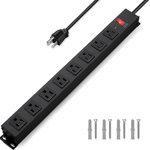 8 Outlet Power Strip Surge Protector, 6 Feet Metal Power Strip Heavy Duty with Switch for Home Office School Shop Garage, Wall Mount with Screw, 2100J 15A 125V 1875W, 14AWG, Black - size: 6ft cord