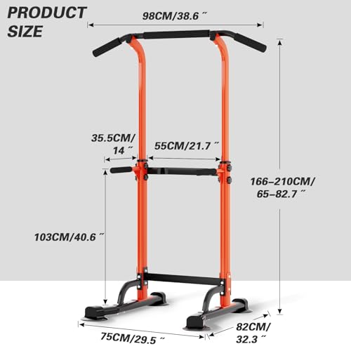soges Power Tower Pull Up Bar Station, Free Standing Pull Up Rack Dip Station for Home Gym, Height Adjustable Home Strength Training Fitness Workout Equipment - color: Orange