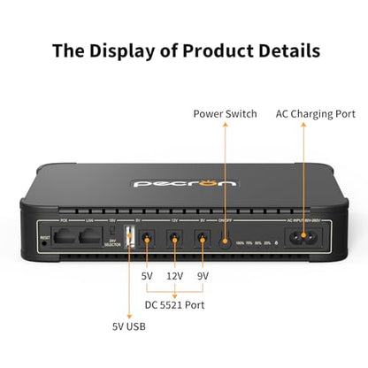 PECRON D77 DC UPS Battery Backup, 76.96Wh Small UPS for WiFi Router/Modem/Security Camera/Phone, Uninterruptible Power Supply with PoE Port, 5V/9V/12V DC5521 Port, 5V USB-A