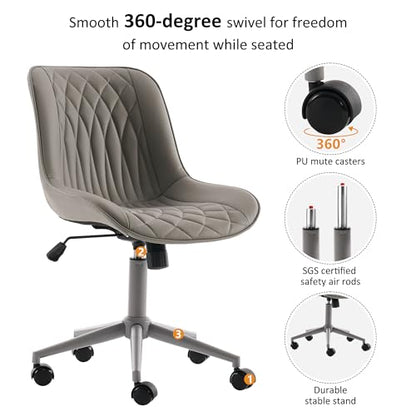 YOUNIKE Faux Leather Office Desk Chair Comfy Vanity Chair Armless Grey | Ergonomic Upholstered Rocking Back, Swivel with Wheels, Height Adjustable, Modern Task Chair For Computer Sewing Drafting - color: All Grey