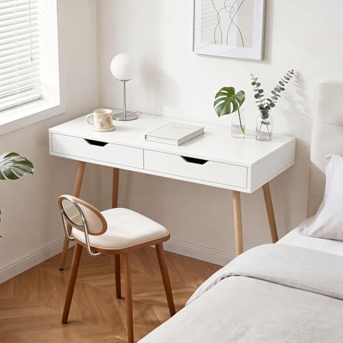 Tangkula White Writing Desk w/2 Storage Drawers, Modern Computer Desk with 4 Rubber Wood Legs, Versatile Small Study Desk for Home Office School, Vanity Table for Bedroom
