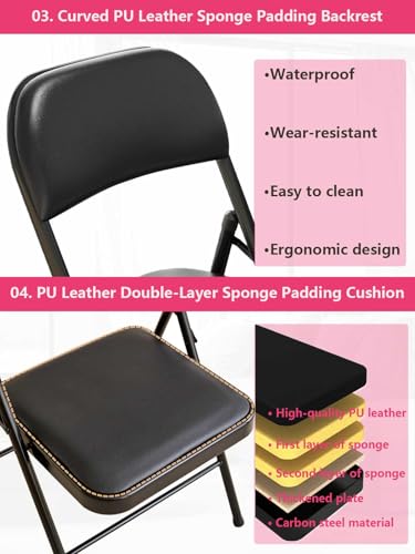 2 Pack Folding Chairs with Leather Padded Cushion and Back Metal - size: 2 pack