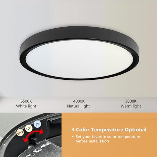 6PK 15.8 Inch Led Ceiling Light Flush Mount, 34W, 3060LM, 3000K/4000K/6000K CCT Selectable Super Slim LED Ceiling Light, Close to Ceiling Round Flat Panel Light for Hallway, Bedroom,Kitchen ect - color: Black