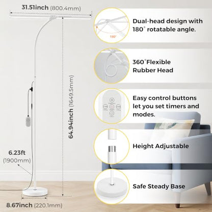 Dual-head LED Floor Lamp 20W 1400LM Adjustable Neck Bright Light White - color: White