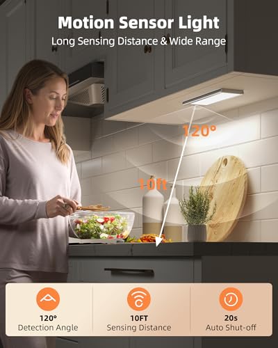 EZVALO 3000mAh Under Cabinet Lighting Wireless, 150LM Super Bright Motion Sensor Light, Rechargeable Under Counter Lights for Kitchen, Dimmable Closet Light with 3-Inch Ultra-Wide Panel 2Pack