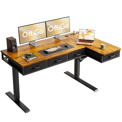 55 Inch L Shaped Electric Standing Desk with 4 Drawers, Rustic Brown | Reversible Corner Table, Office Desk With 4 Drawers and Outlets For Home Office, Computer Workstation And Sit Stand Use - color: Rustic Brown, size: 55 Inch