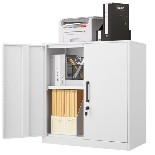 LUCYPAL Locking Storage Cabinets,Metal Cabinet with Adjustable Shelves and 2 Doors,Steel Counter Cabinet with Lockable Doors for Home Office (White) - color: White, size: 27.95"H Metal Handle