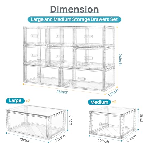 Vtopmart 8 Pack Large & Medium Stackable Storage Drawers Set | Easy Assembly Clear Plastic Storage Cabinet, Durable Dresser for Closet, Bedroom, Entryway, Playroom & Apartment Organization - style: 2pk L & 6pk M