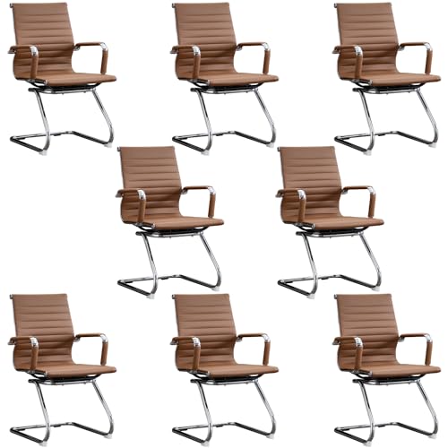 Office Guest Reception Chair Set of 8, Conference Room Chairs Waiting Room Chairs 8 Pack, Modern Leather Office Desk Chair No Wheels.（Brown） - color: Brown, size: 8 Pack