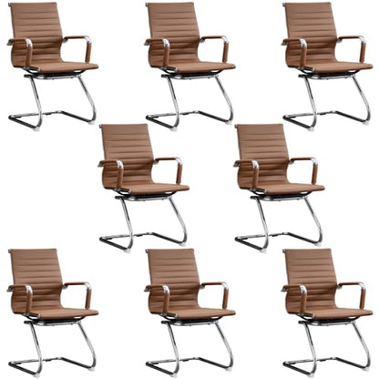 Office Guest Reception Chair Set of 8, Conference Room Chairs Waiting Room Chairs 8 Pack, Modern Leather Office Desk Chair No Wheels.（Brown） - color: Brown, size: 8 Pack