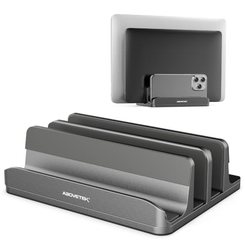 AboveTEK Vertical Laptop Stand, 3 Slots Aluminum Desk Laptop Holder & Laptop Docking Station Stand for MacBook, Tablet, Phone - Universal Fit (Up to 17.3") - Heavy Duty Polished, Anti Slide - Grey - color: Grey