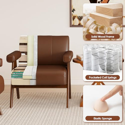 JIASTING Mid Century Modern Accent Chair Set of 2, Brown Leather Armchair | JIASTING, Small, Comfy, Wood Arms, Living Room Bedroom, Office - color: Brown