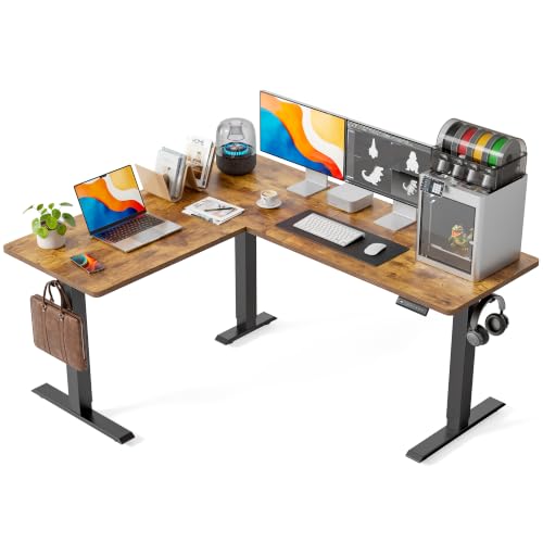 FEZIBO 63" x 55" L-Shaped Standing Desk - Adjustable Corner Desk L Shape, L-Shaped Adjustable Desk with Splice Board, L Shape Standing Desk, Rustic-Brown - color: Rustic Brown, size: 63x55
