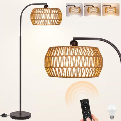 Brilvibera Rattan Standing Lamp with Remote and Dimmable Bulb Bronze | Bronze Arch Floor Lamp, Over Couch Lamp with Foot Switch, Brown Boho Lamp for Living Room, Bedroom, Office, Classroom - style: Drum-Bronze