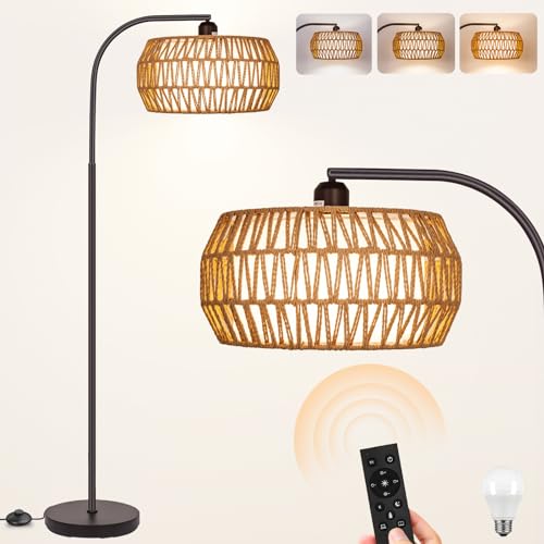 Brilvibera Rattan Standing Lamp with Remote and Dimmable Bulb Bronze | Bronze Arch Floor Lamp, Over Couch Lamp with Foot Switch, Brown Boho Lamp for Living Room, Bedroom, Office, Classroom - style: Drum-Bronze