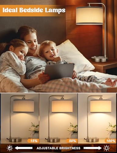 Innqoo Gray Side Table Lamp with USB Port and Outlet, Dimmable Nightstand Bedside Lamps with Linen Lampshade, Desk Lamp for Bedroom, Living Room, Guest Room, Home Office, LED Bulb Included - color: Silver